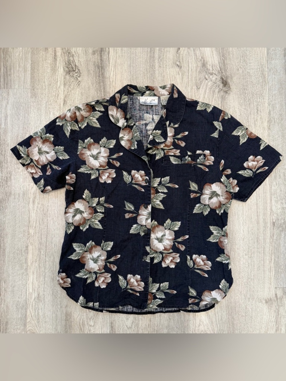 Vintage Kathie Lee Linen‎ Blend Floral Button Up Top Size 6 Navy